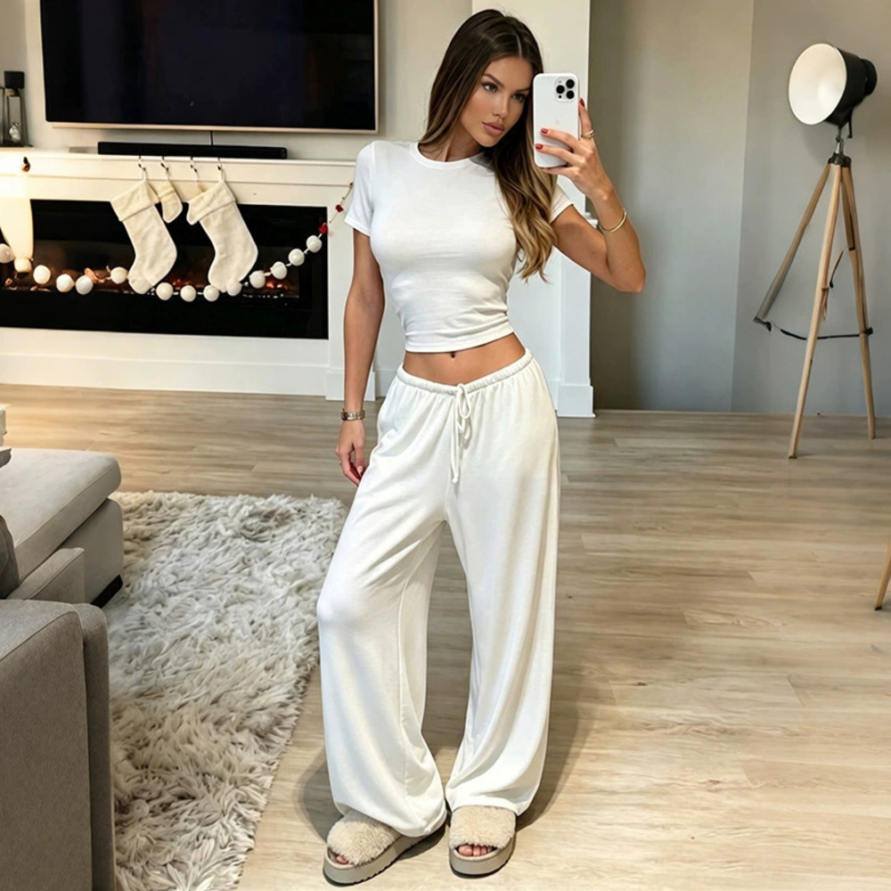 Zara Summer Solid Color Comfy Tee Elastic Waist Wide Leg Pants Set